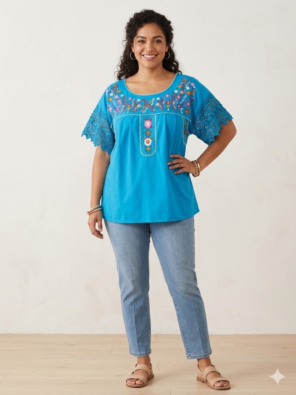 UNIK Blue Embroidered Boho Lace Sleeve Top XXL Mexican embroidery
